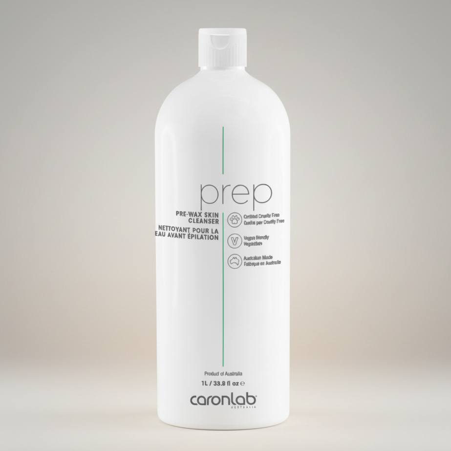 White bottle labeled 'prep' by caronlab on a white background