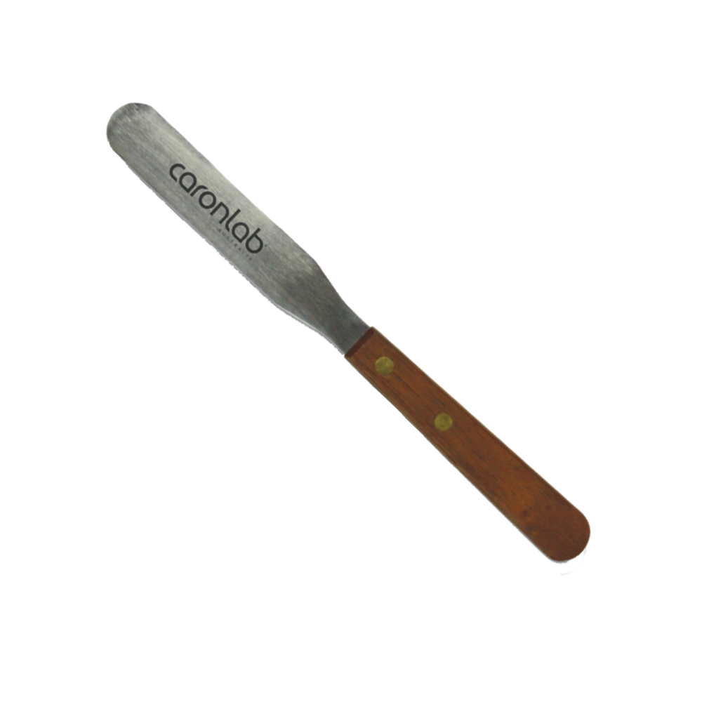 Caronlab metal rusable spatula with wooden handle and metal blade on a white background.