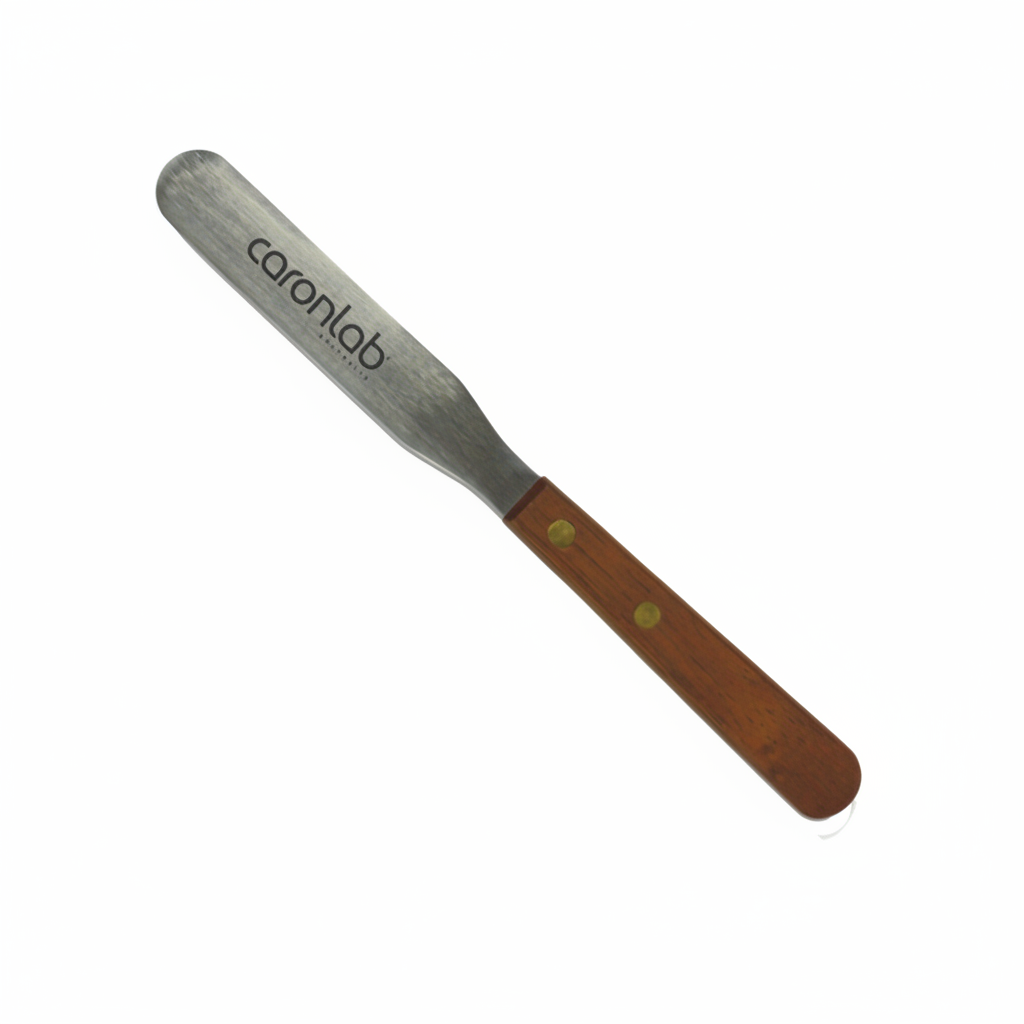 Caronlab metal rusable spatula with wooden handle and metal blade on a white background.