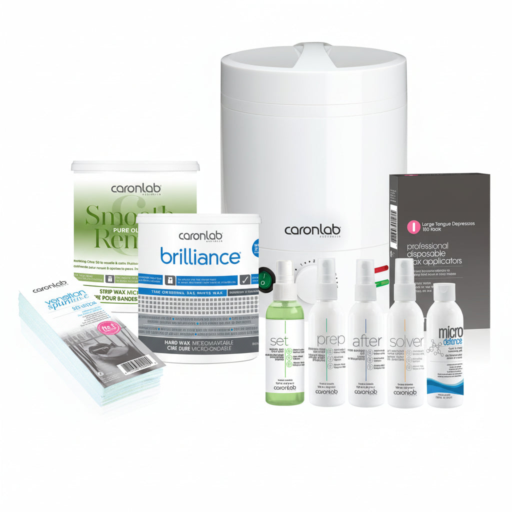 Caronlab professional waxing kit products including bottles, boxes, and packaging on a white background.
