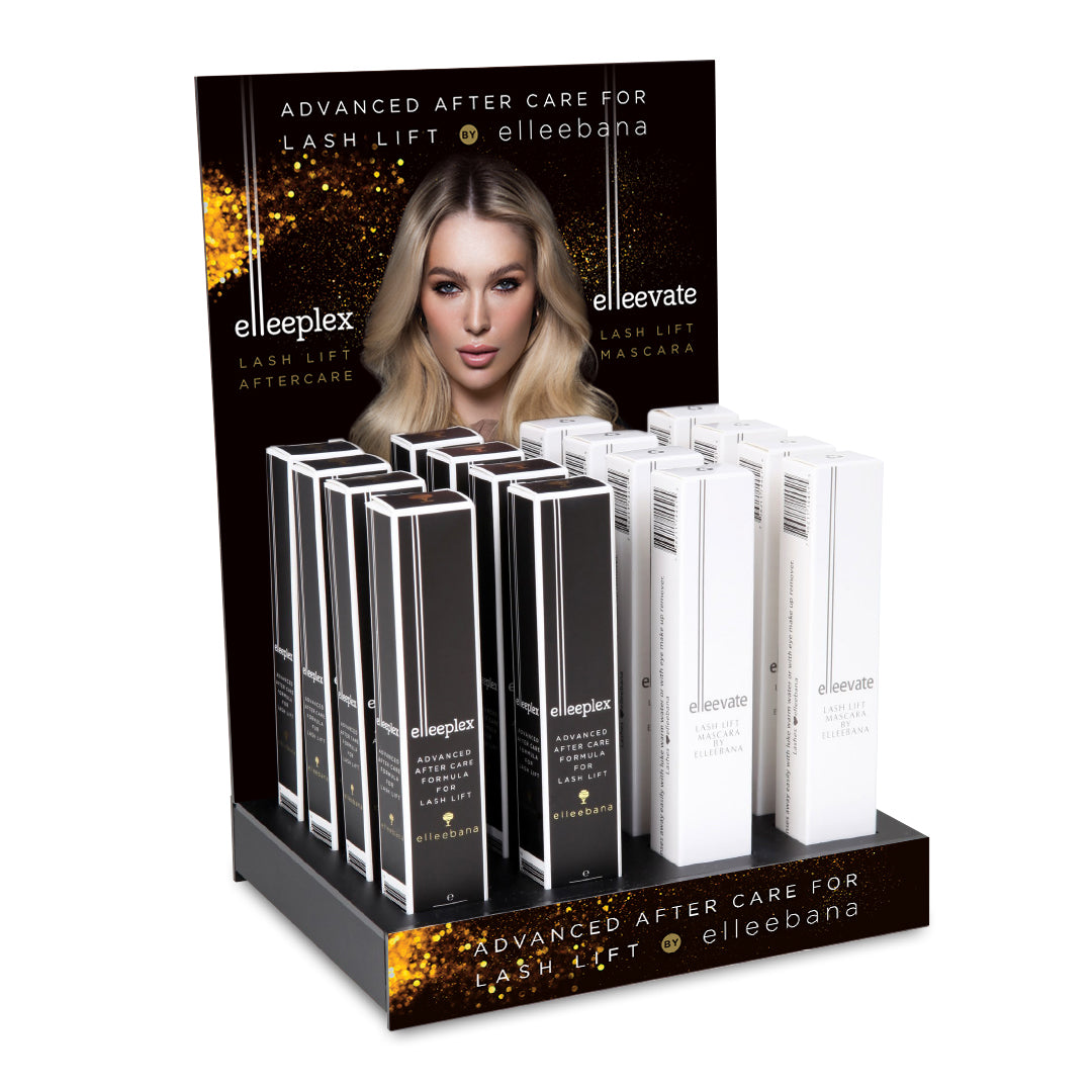Elleebana Eleeplex and Eleevate retail display stand for lash lift aftercare products