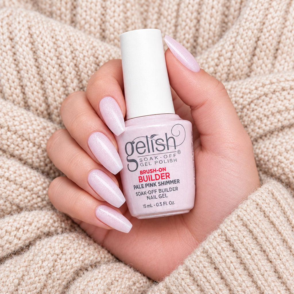 Gelish Brush-On Builder Pale Pink Shimmer 15ml with pale pink shimmer gel nails