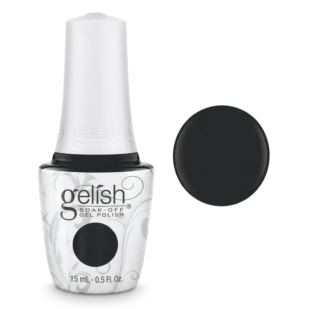 Gelish soak off gel polish in colour Black shadow. An opaque black creme shade. 15ml bottle with colour swatch