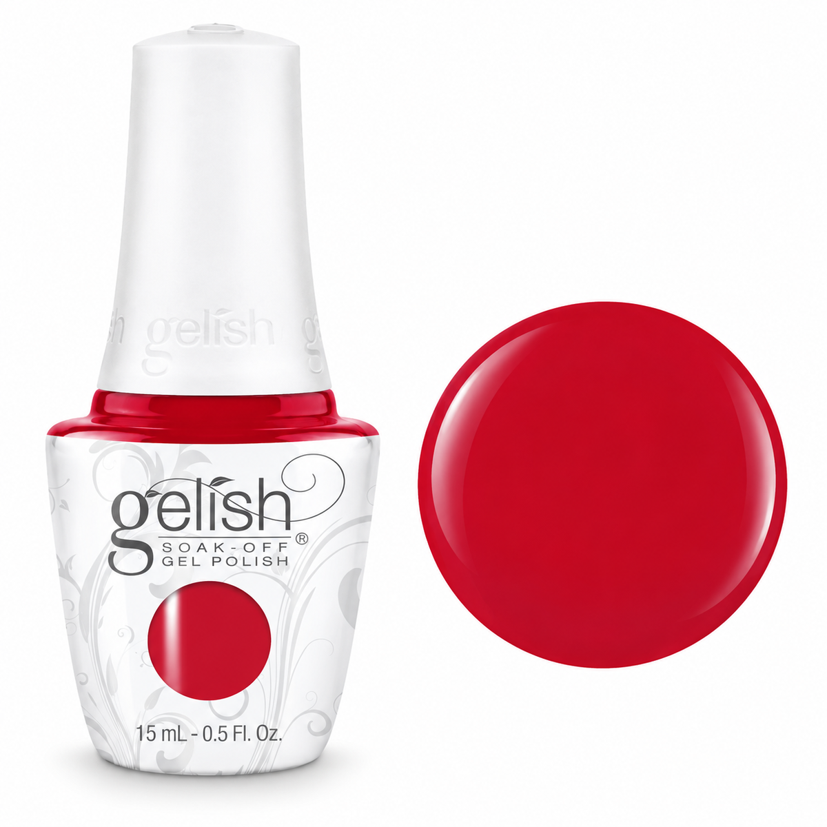 Gelish soak off gel polish in hot rod red 15ml bottle and colour swatch