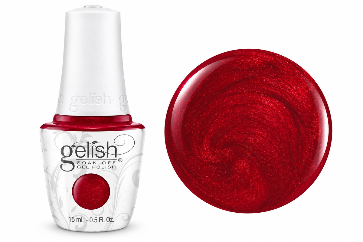 Gelish soak off gel polish in colour wonder woman a red metallic colour 15ml bottle and swatch