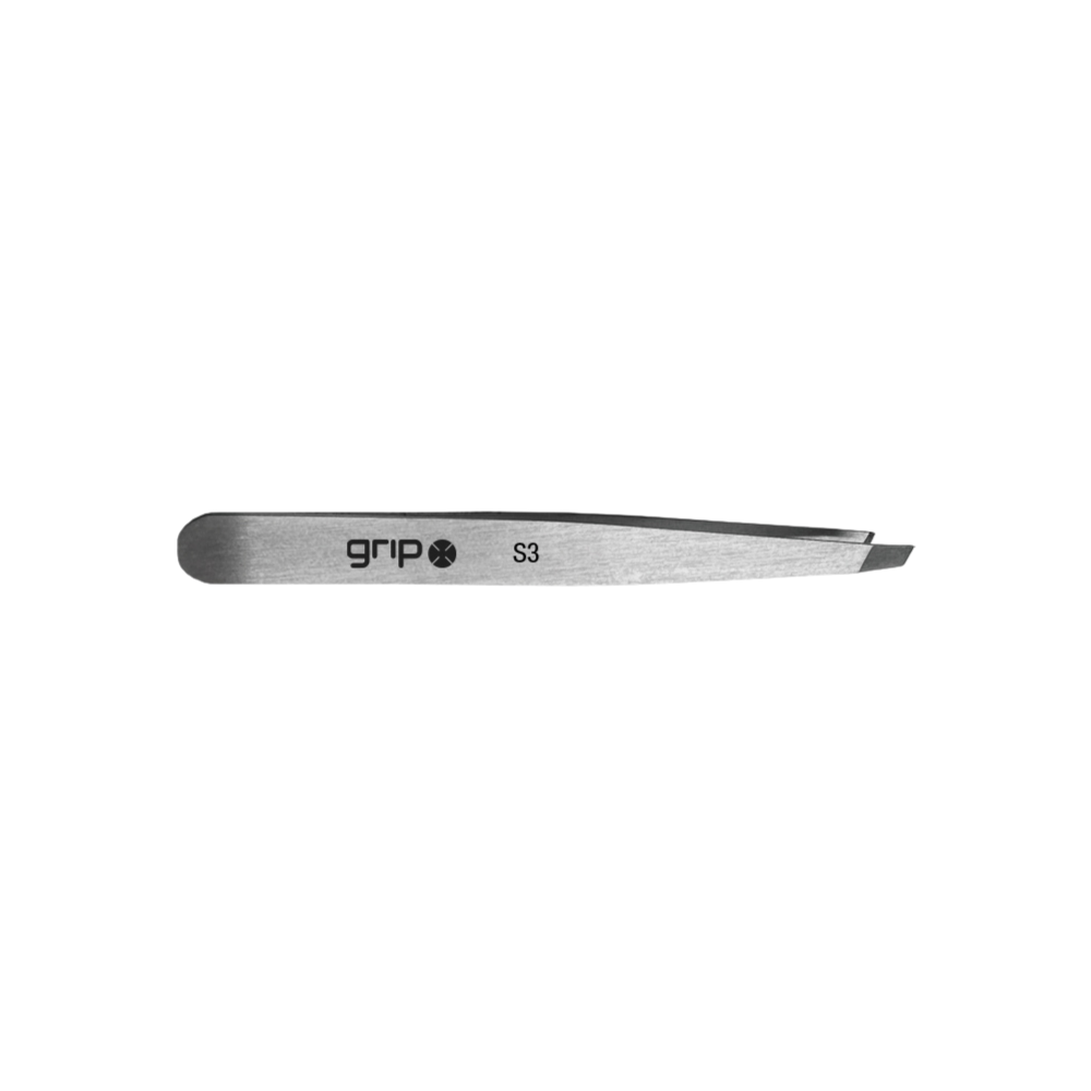 Metal claw slanted tip tweezers with 'grip' branding on a white background
