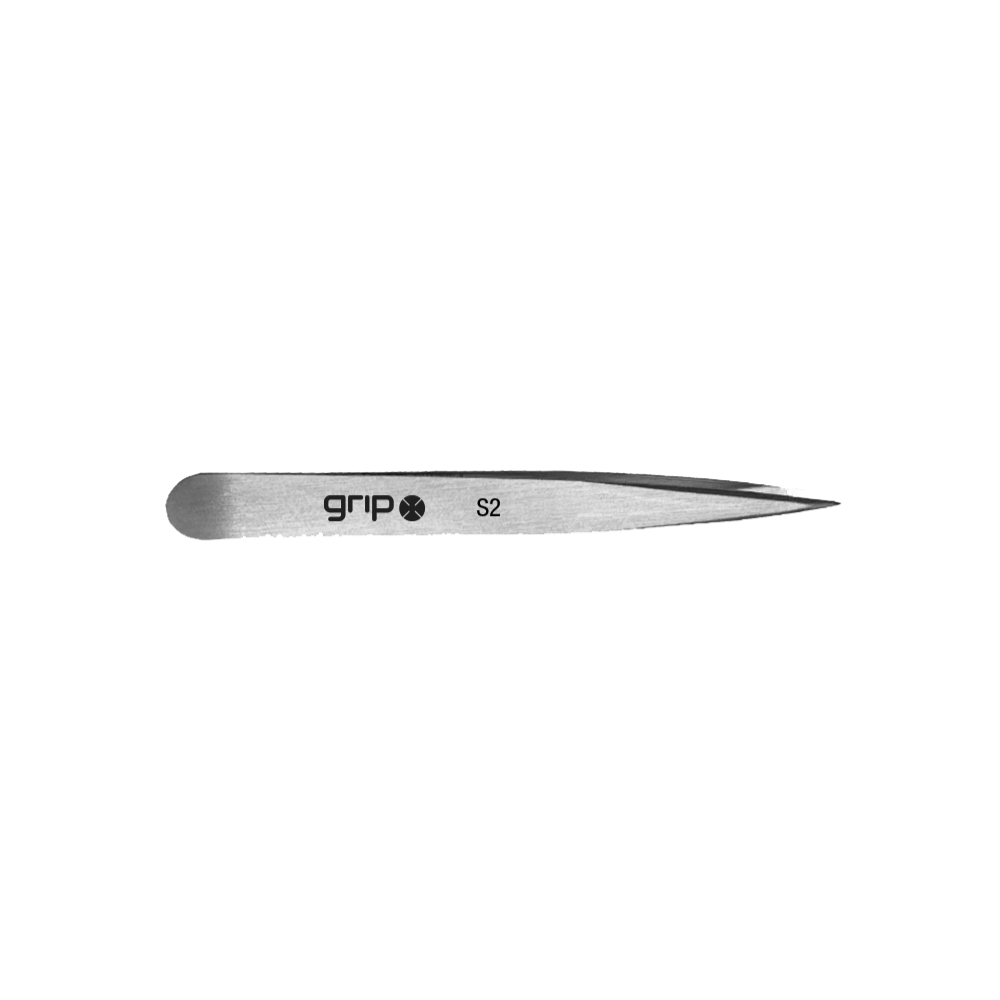 Metal pointed tip tweezers with 'grip' branding on a white background