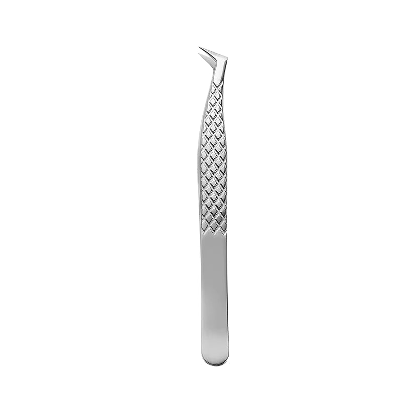 Stainless steel eyelash volume boot eleylash extension tweezer with textured handle on a white background