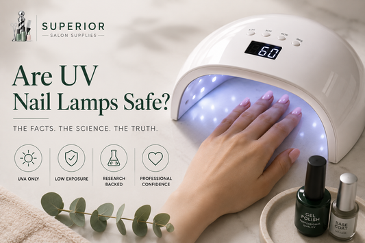 Professional UV nail lamp curing gel polish during a salon nail service with educational guide about UV nail lamp safety and gel curing technology.