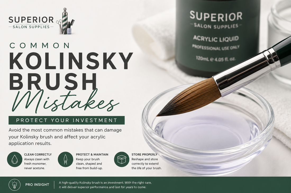 Professional Kolinsky acrylic nail brush with acrylic liquid demonstrating common acrylic brush care mistakes, maintenance tips and proper acrylic brush cleaning techniques.