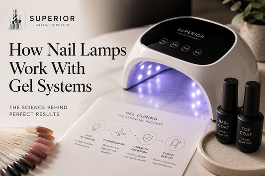 Professional LED nail lamp curing gel polish during a salon nail service explaining gel curing technology, wavelength compatibility and professional nail lamp systems.