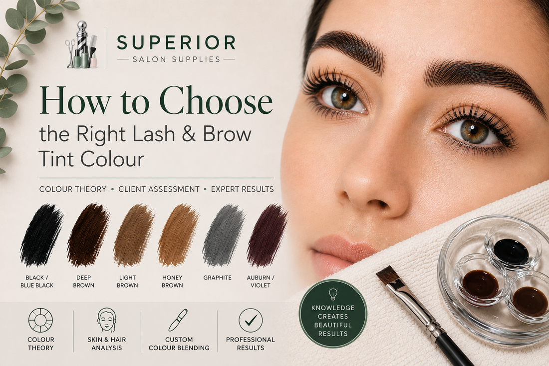 Professional lash and brow tint colour guide showing tint shade selection, colour theory and customised tinting for different hair colours, skin tones and beauty treatments.