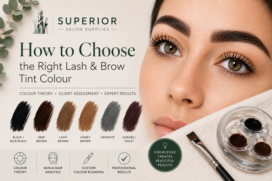 Professional lash and brow tint colour guide showing tint shade selection, colour theory and customised tinting for different hair colours, skin tones and beauty treatments.
