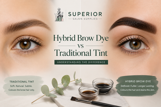 Professional comparison guide explaining the differences between hybrid brow dye and traditional brow tint, including skin staining, brow definition and professional brow styling results