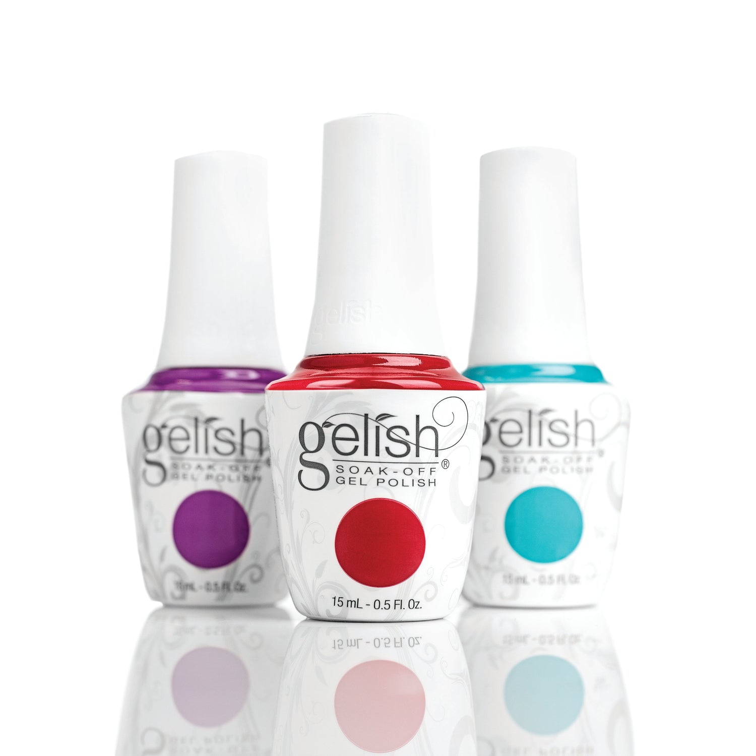 Three bottles of Gelish nail polish with colorful dots on a white background