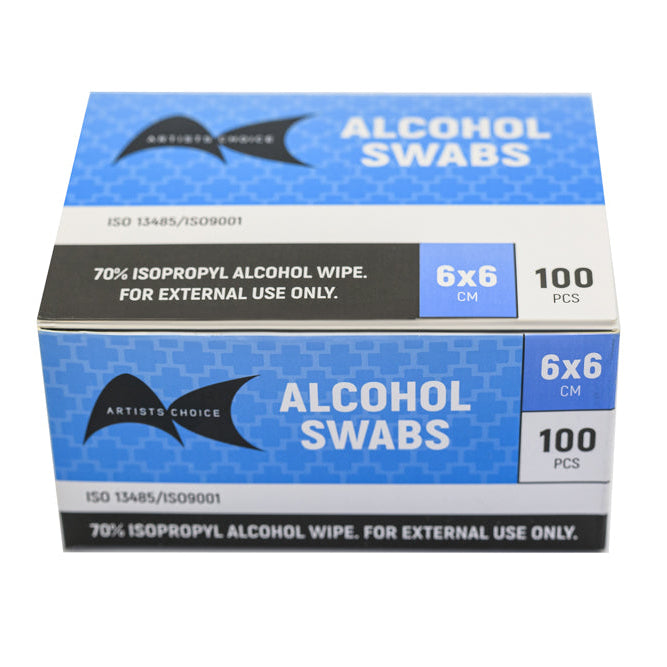 Box of Alcohol Swabs with branding and product details on a white background