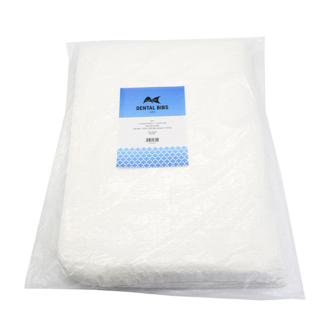 Packaged dental bibs with a brand label on a white background