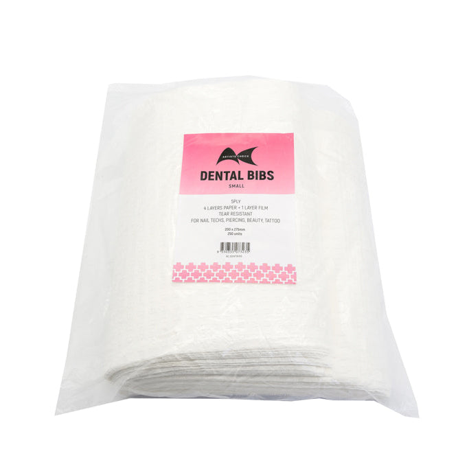 Pack of dental bibs with a visible brand label on a white background