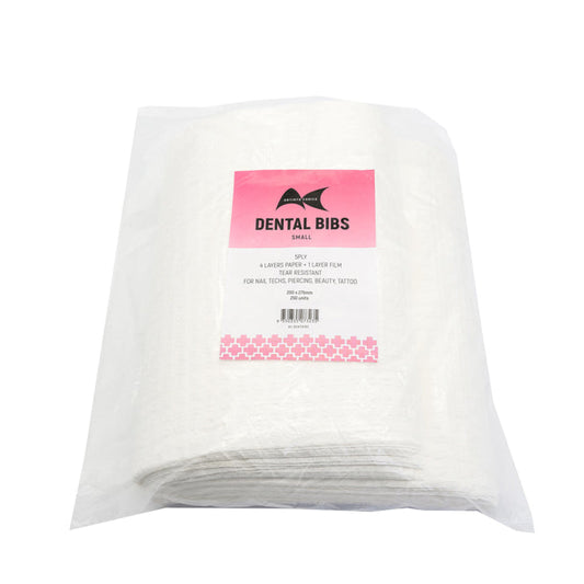 Pack of dental bibs with a visible brand label on a white background