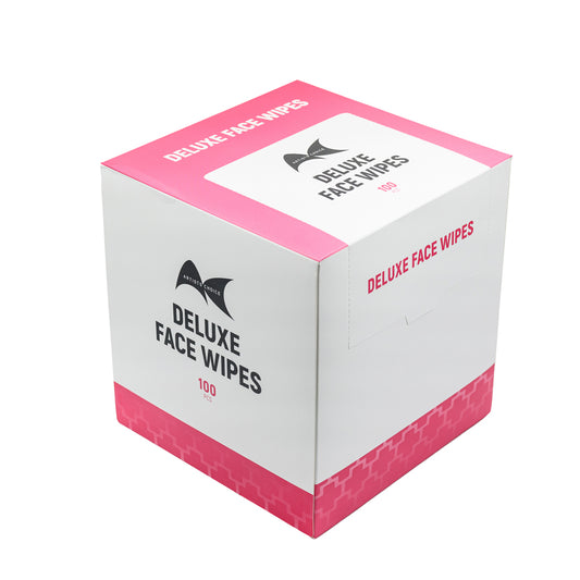Box of Deluxe Face Wipes with pink and white design on a white background
