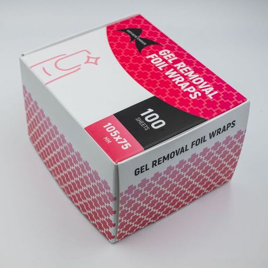 Box of gel removal foil wraps with pink and white design on a white background