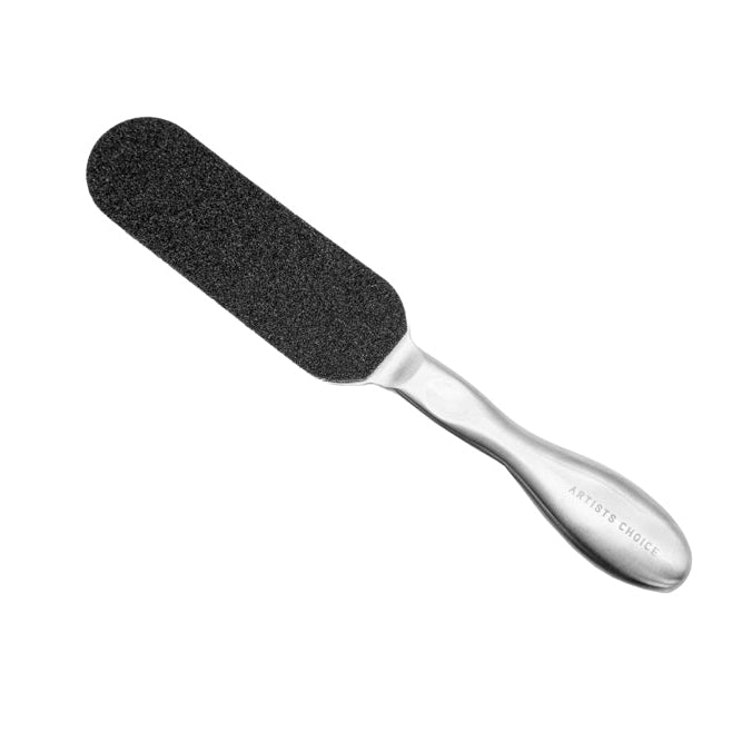 Reusable stainless steel sterilisable foot file with black grit pad on a white background