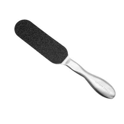 Reusable stainless steel sterilisable foot file with black grit pad on a white background