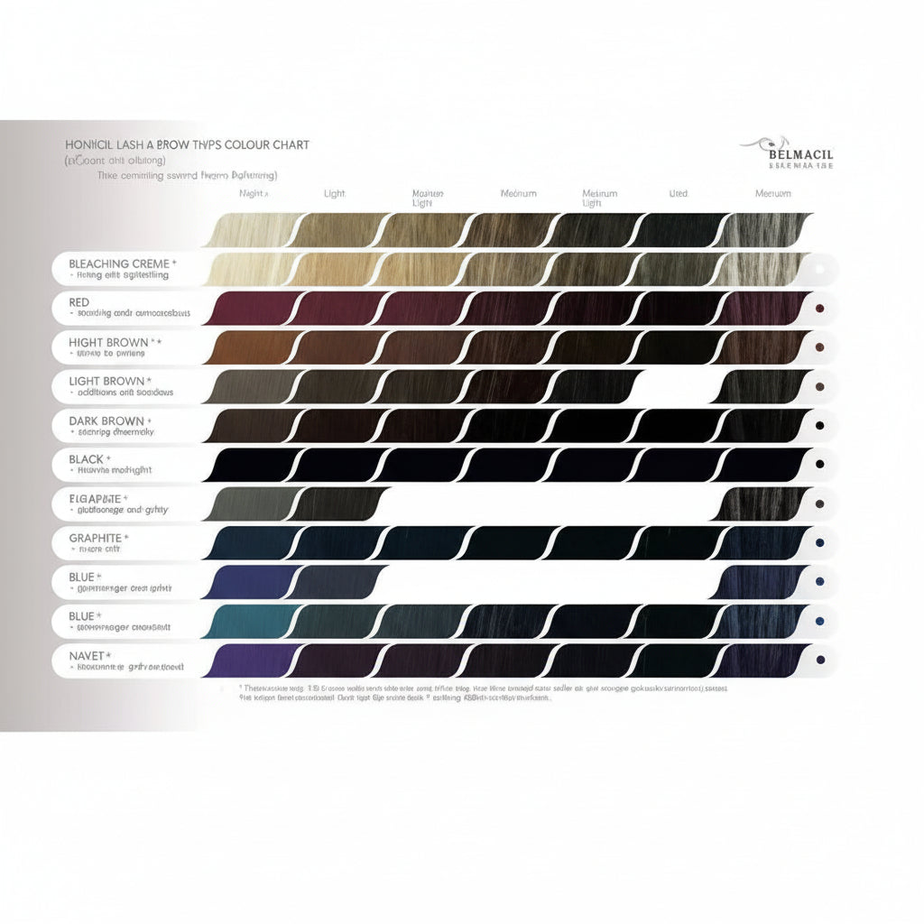 Belmacil color swatch chart for hair color with various shades.