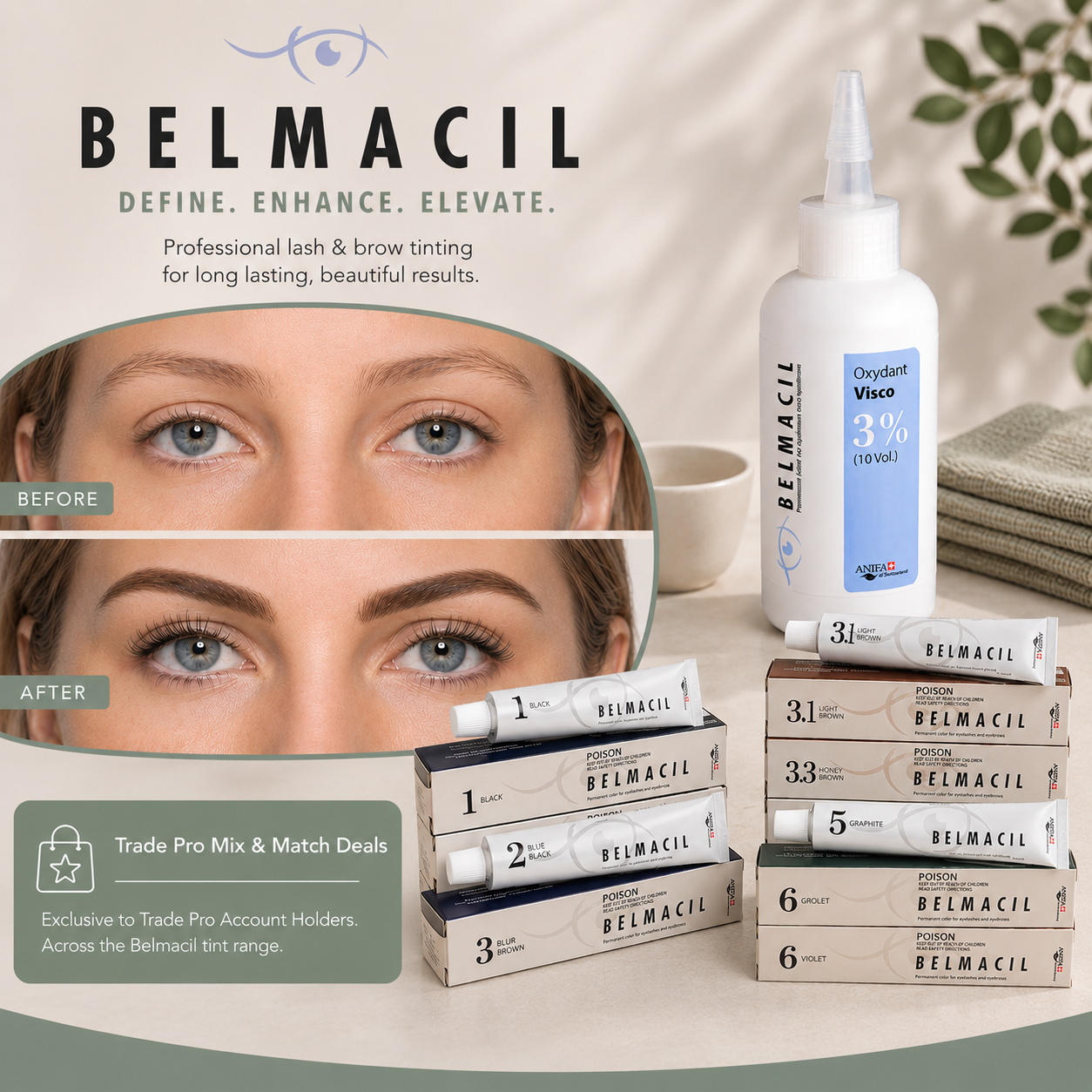 Belmacil Developer Cream 3% used with Belmacil Lash and Brow Tints for professional lash and brow tinting treatments.