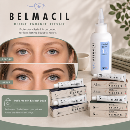 Belmacil Developer Cream 3% used with Belmacil Lash and Brow Tints for professional lash and brow tinting treatments.