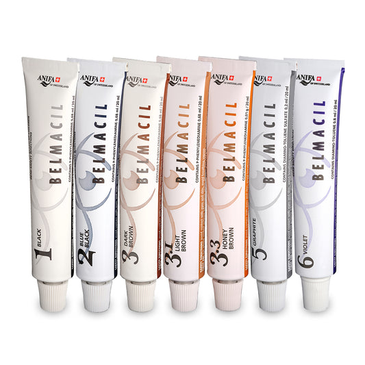 Belmacil professional lash and brow tint colour range featuring Black, Blue Black, Dark Brown, Light Brown, Honey Brown, Graphite and Violet tint shades.