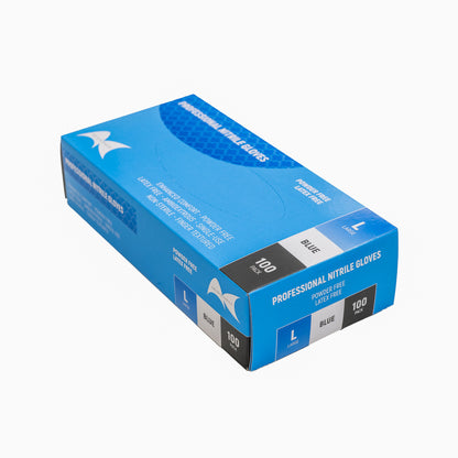 Blue powder-free nitrile gloves large size 100 pack suitable for clinics, waxing, beauty and professional treatment services.