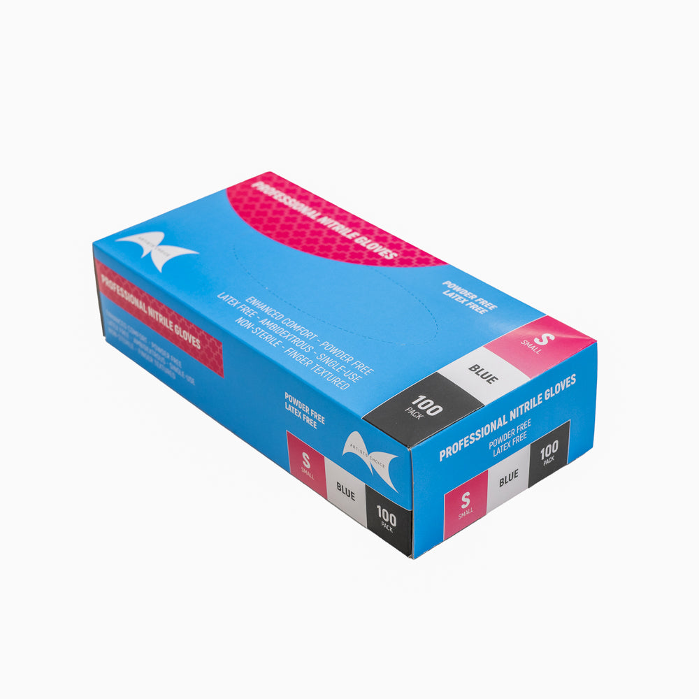 Blue powder-free nitrile gloves small size 100 pack suitable for clinics, beauty therapists, waxing and salon treatments.