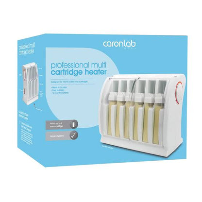 Caronlab Professional Multi Cartridge Heater in its packaging, featuring a white device with six slots containing yellow wax cartridges, set against a light blue box.