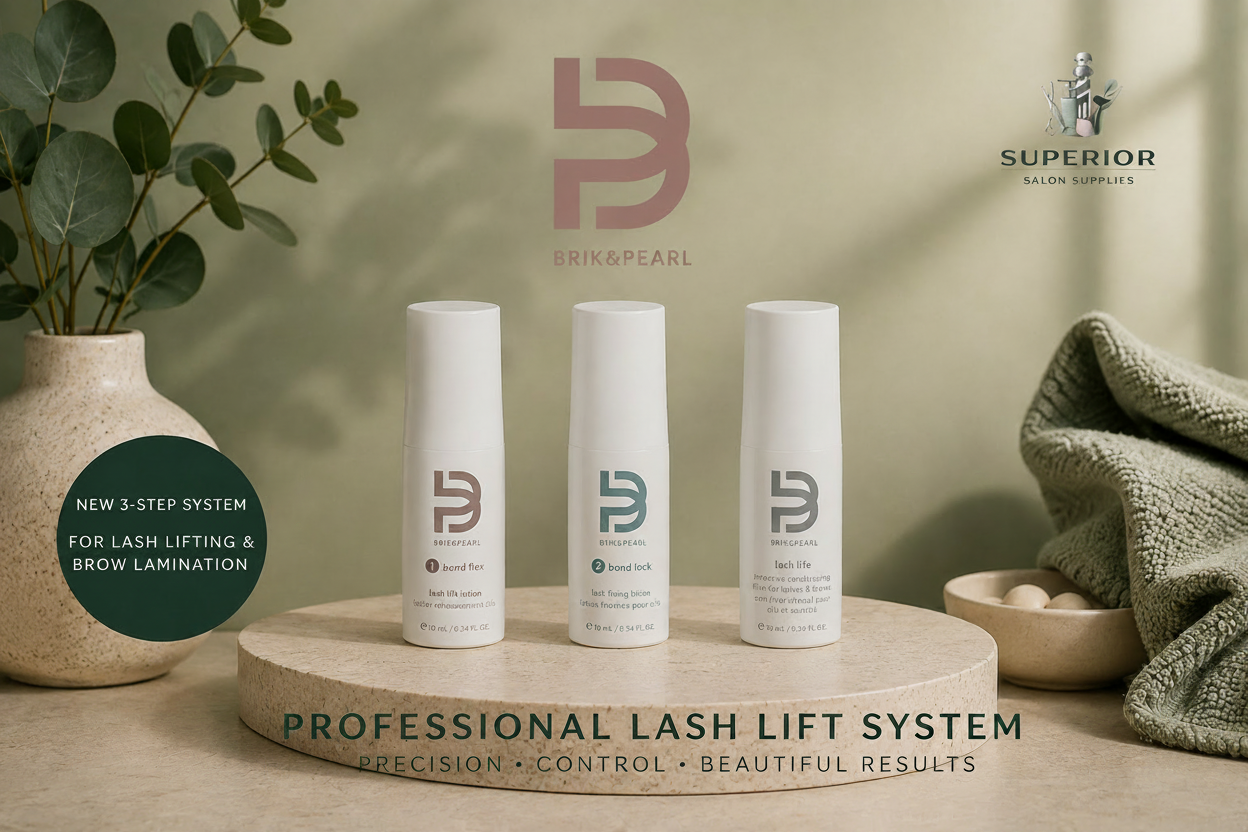 Brik & Pearl 3 step lamination system displayed on a marble pedestal in a styled salon setting. The background features a beige wall with leaf shadows, a vase with greenery, and a textured green towel.