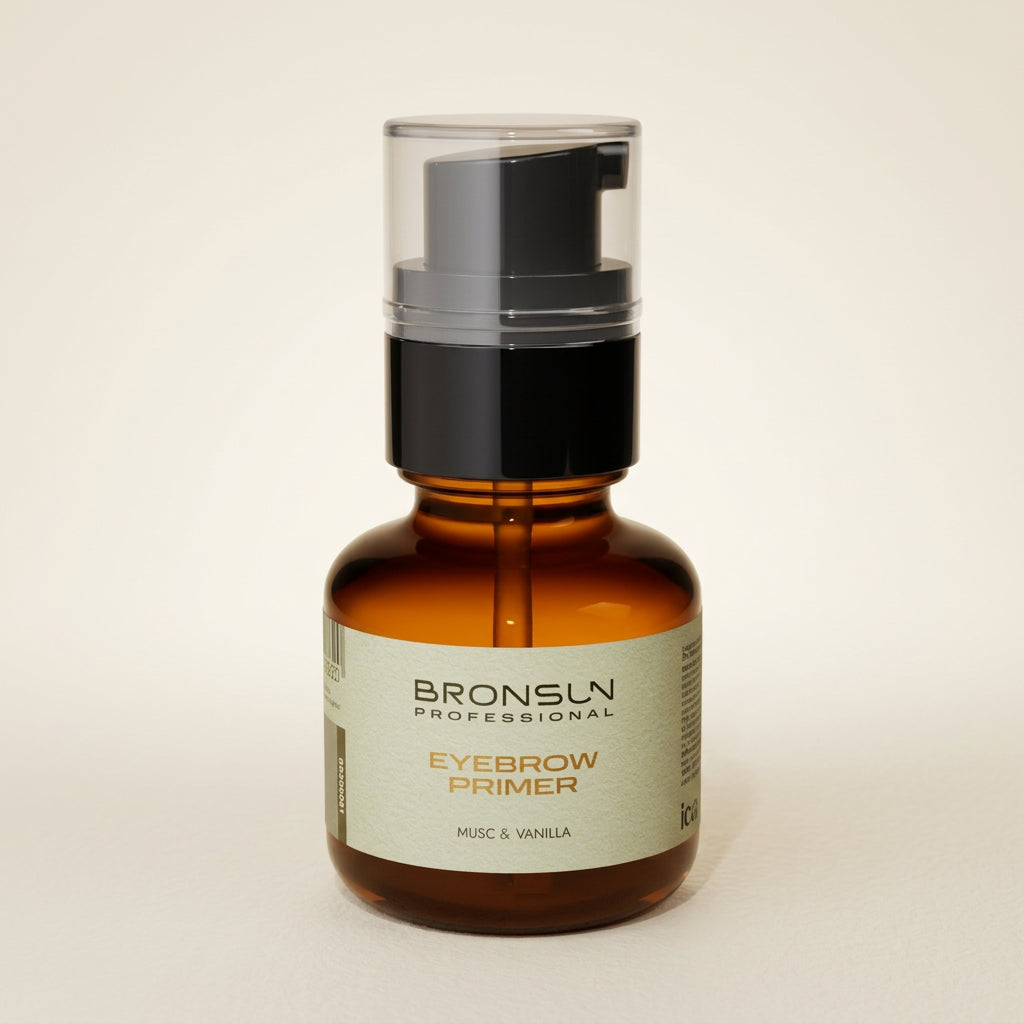BRONSUN Professional Eyebrow Primer Musc & Vanilla 50ml amber pump bottle for brow preparation before tinting