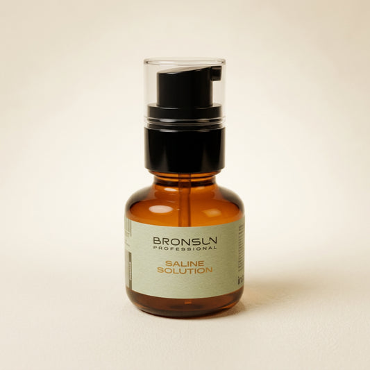 BRONSUN Saline Solution 50ml for professional eyebrow and eyelash cleansing and preparation before tinting, hybrid dye and lamination treatments.