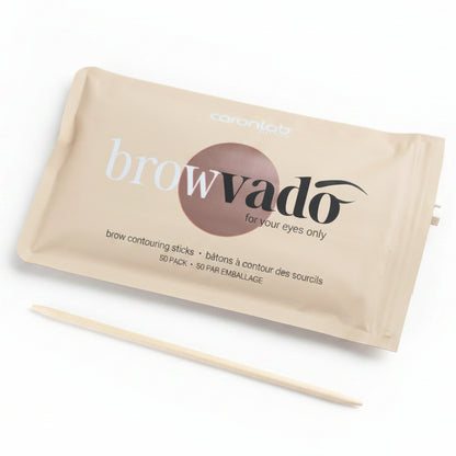 A package of covantlab browvado brow contouring sticks with a single white applicator spatula that is dual ended.