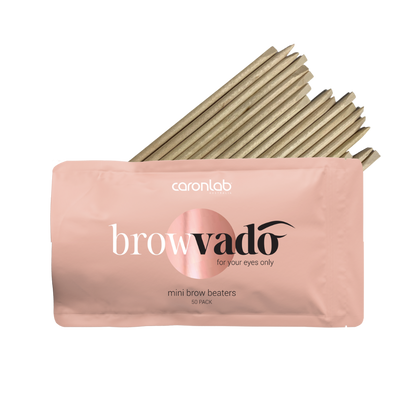 Pink packaging of browvado mini brow contouring beater sticks with visible brand name on a white background