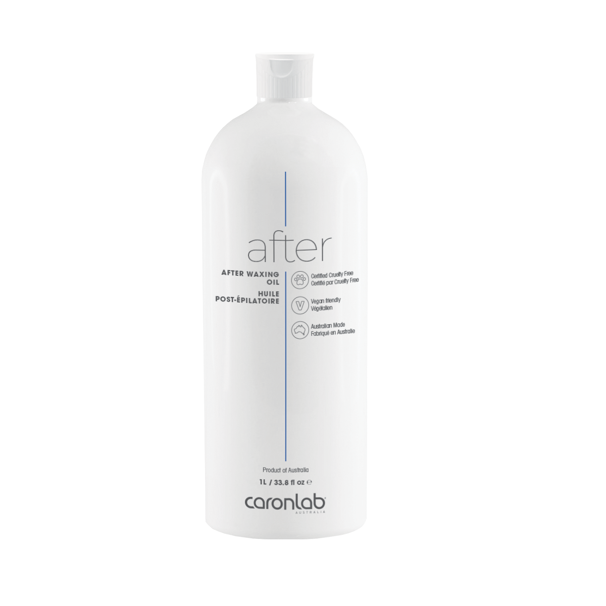 White bottle labeled 'after' waxing oil by caronlab on a white background