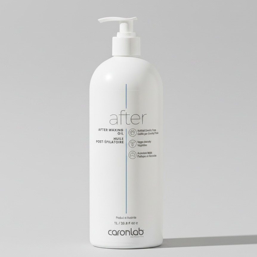 White bottle labeled 'after' waxing oil by caronlab on a white background