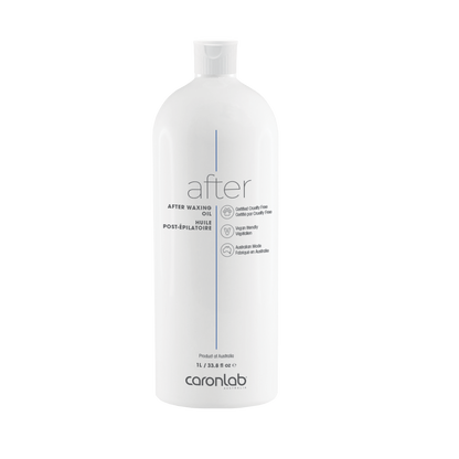 White bottle labeled 'after' waxing oil by caronlab on a white background