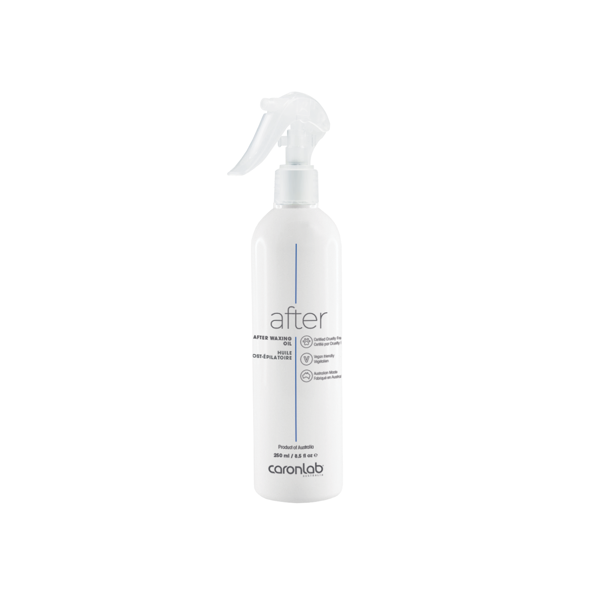 White spray bottle labeled after waxing oil  by caronlab on a white background