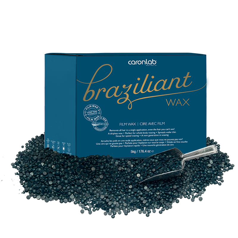 Caronlab Braziliant film wax beads with packaging with wax beads and a scoop on a white background