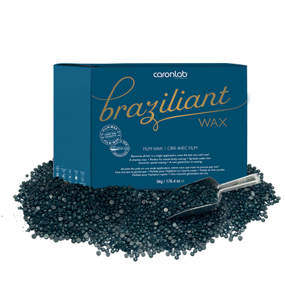 Caronlab Braziliant film wax beads with packaging with wax beads and a scoop on a white background