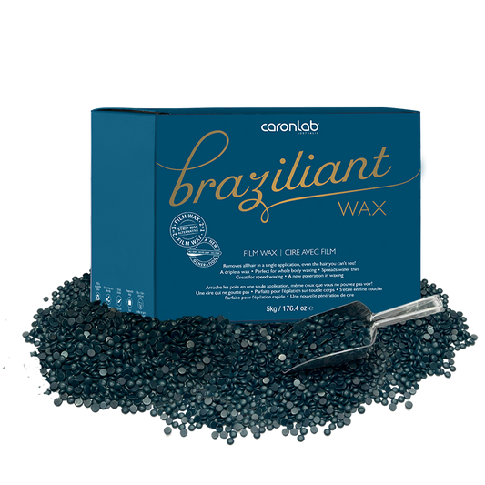 Caronlab Braziliant film wax beads with packaging with wax beads and a scoop on a white background