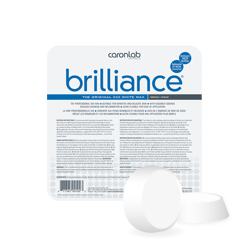 Caronlab Brilliance Hard Wax Tray 500g for professional waxing services and sensitive area hair removal treatments.