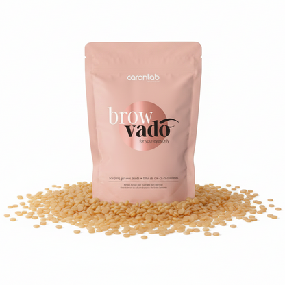 Caronlab brow vado product packaging with browngel wax beads on a white background