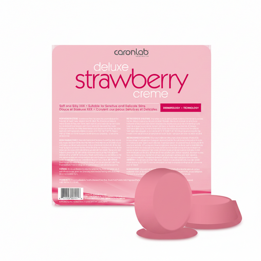 Caronlab Deluxe Strawberry Crème Hard Wax Tray 500g for professional waxing services and sensitive area hair removal.