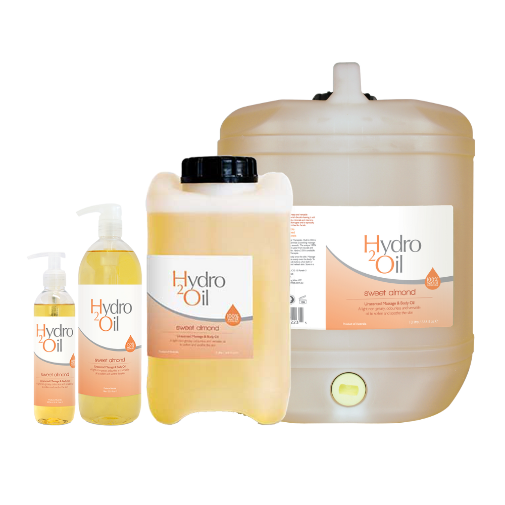 Hydro 2 Oil sweet almond massage oil range on a white background